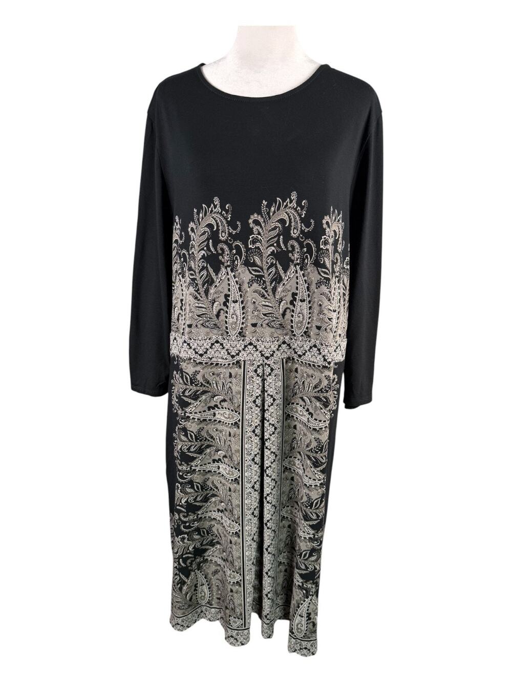 J Jill Wearever XL Pleated Black Paisley Shift Dress 3/4 Sleeve Knee Length